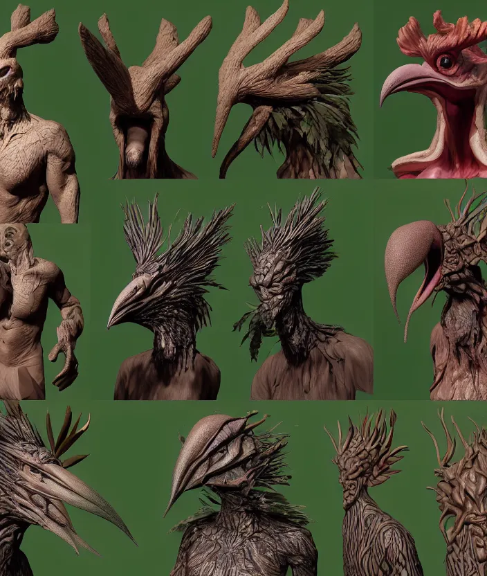 Prompt: a high poly zbrush sculpt of a creature in a dark forest merged with high resolution photo, muscles normal map creature made of doglike class aves skin veins merged treeman, bump map strangled by plastic wrap bower bird creature wrinkles pheasant, ivy complex feathers exotic morphing hoopoe, zebra morphing wings king vulture head