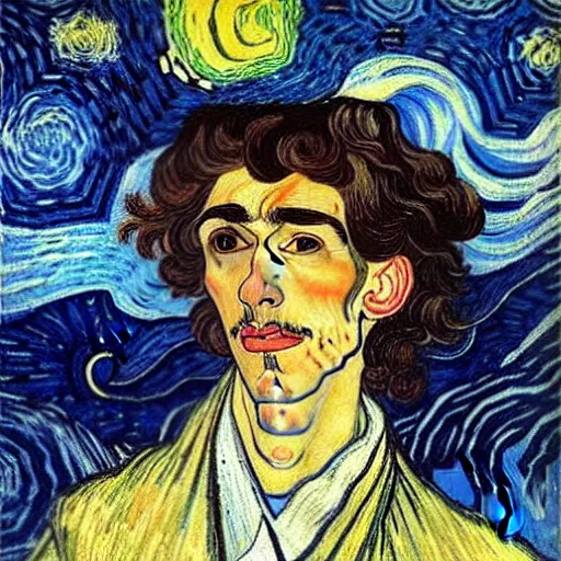 Image similar to painting of handsome beautiful dark medium wavy hair man in his 2 0 s, dressed as an oracle, looking upward to the heavens above!!, smile, foreseeing the future, elegant!!, clear, painting, highly stylized, art by vincent van gogh, egon schiele