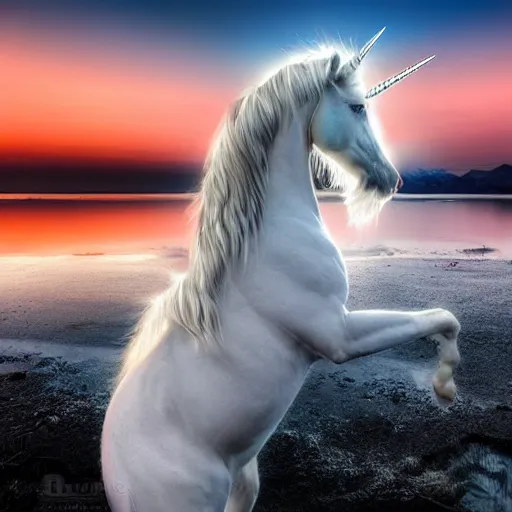 Prompt: amazing white unicorn photo drinking water from a lake while the moon shines on its beautiful fur by marc adamus, beautiful dramatic lighting