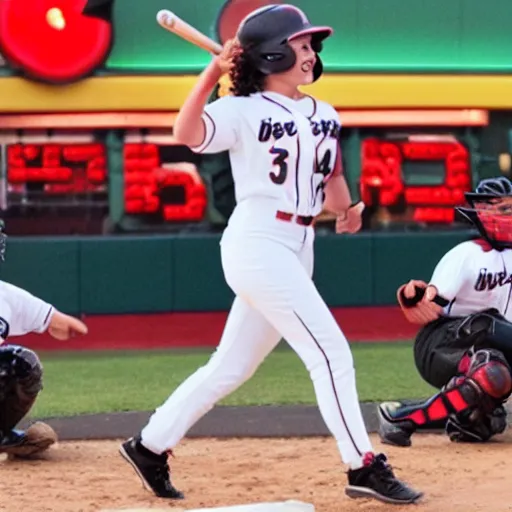 Prompt: rebecca black scores a homerun baseball grand slam at dennys