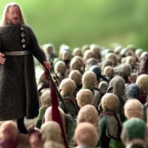 Prompt: needle felted king theoden from the return of the king (2003) giving a speech to the riders of rohan, highly detailed, dslr, tilt shift, eerie, hyperrealism, highly textured, god rays