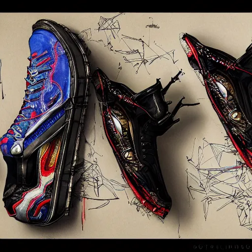 Image similar to futuristic balenciaga and vetements sneakers by aaron horkey, trending on artstation, skeleton, ultra rendered extreme realism and detail, 8 k, highly detailed, realistic, completely framed, pbr, surreal, hyper realistic, colorful, direct lighting, 3 5 mm photo, photorealistic, sharp focus,