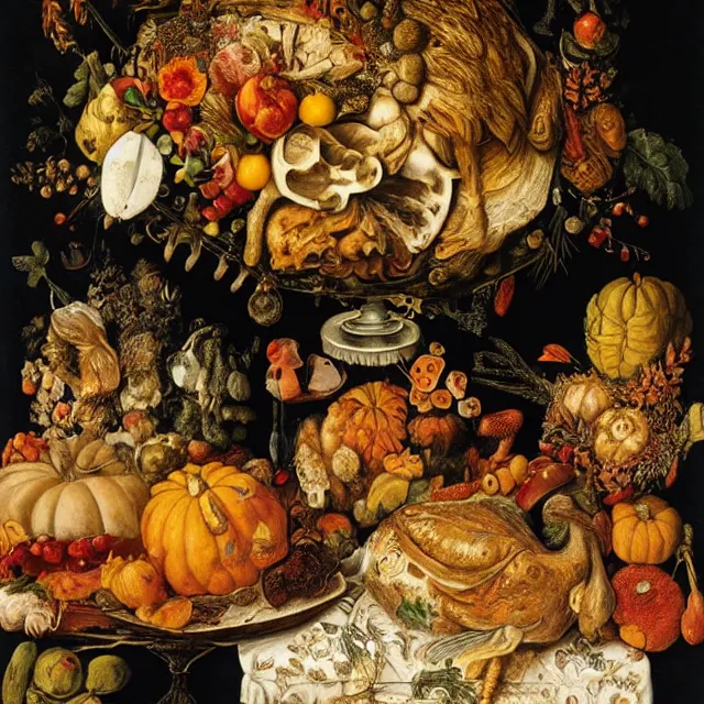 Prompt: victorian thanksgiving feast, black background, vanitas, still life by giuseppe arcimboldo, intricate high detail masterpiece