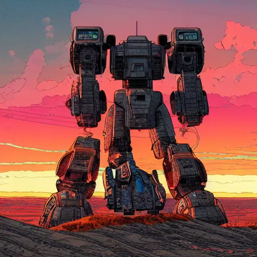 Image similar to hyper detailed comic illustration of a giant mechwarrior robot and the sunset in the distance, by Josan Gonzalez and Geof Darrow, highly detailed, 8k wallpaper