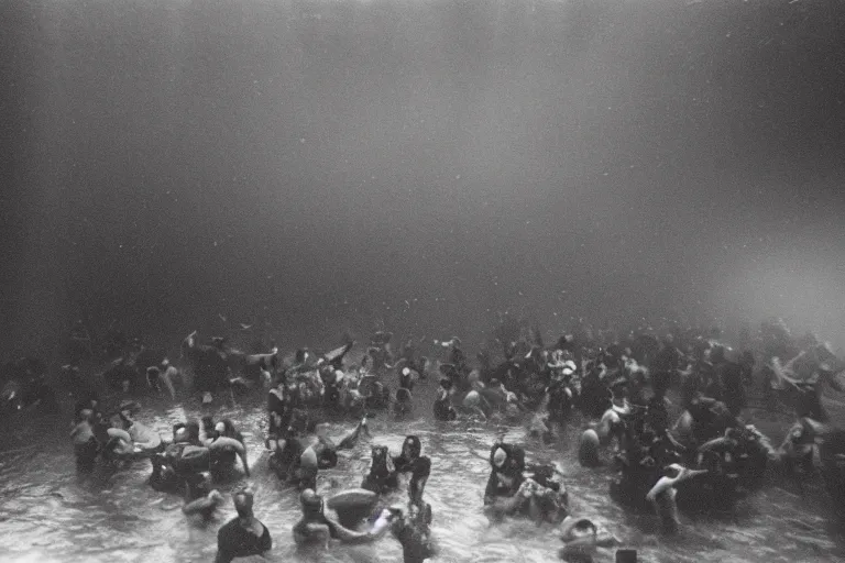 Prompt: people trapped in a flooded ballroom, drowning, underwater view, black and white photograph