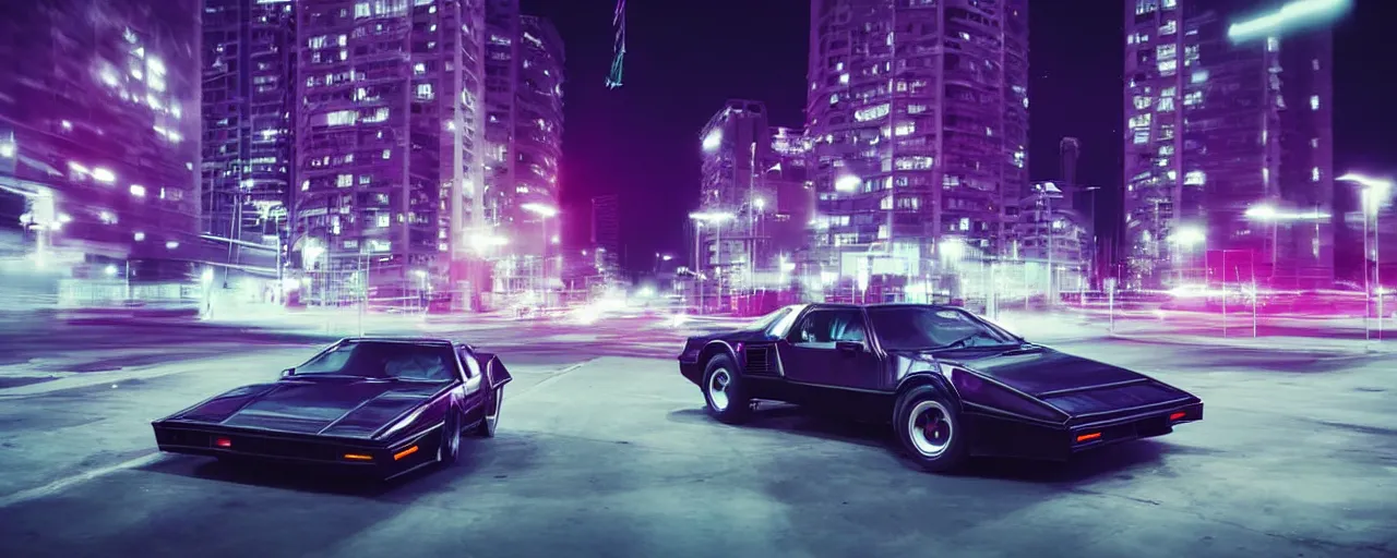 Prompt: 80s black sports knightrider KITT car parked on deserted city street at night time purple lighted street retro-wave vibes grainy soft motion blur