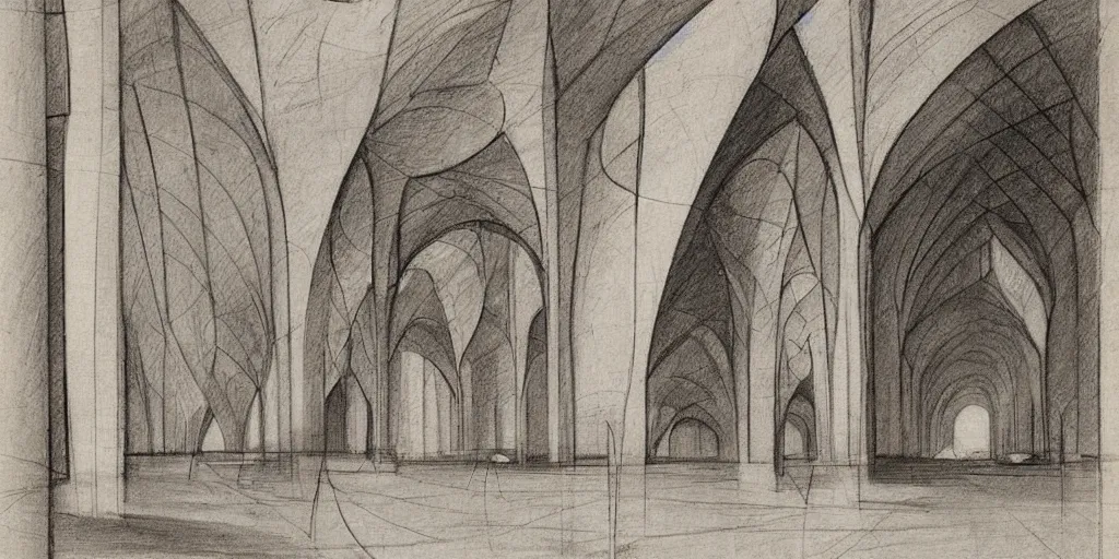 Image similar to sketch by da vinci and Zaha Hadid for mosque in old paper