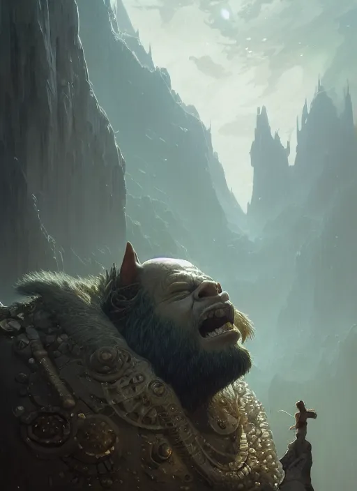 Image similar to highly detailed portrait of a big fat grey orc, unreal engine, fantasy art by greg rutkowski, loish, rhads, ferdinand knab, makoto shinkai and lois van baarle, ilya kuvshinov, rossdraws, tom bagshaw, alphonse mucha, global illumination, radiant light, detailed and intricate environment