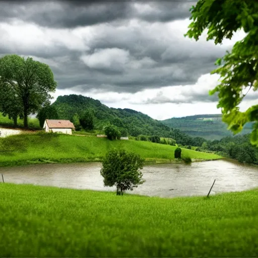 Image similar to dordogne typical landscape, hills in the background, summer, river, ultra detailed, ultra sharp, award winning. 8 k, flowers, trees, old house, thunderstorm and rain, very dark clouds. heavy rain, octane render.