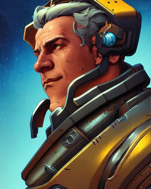 Image similar to reinhardt from overwatch, character portrait, portrait, close up, concept art, intricate details, highly detailed, vintage sci - fi poster, retro future, in the style of chris foss, rodger dean, moebius, michael whelan, and gustave dore