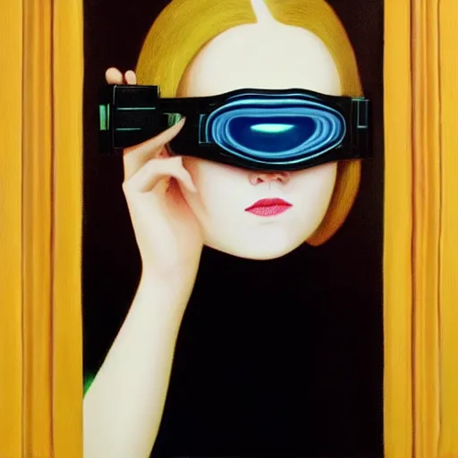 Prompt: Elle Fanning wearing night vision goggles detailed painting by rene magritte