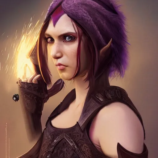 Image similar to anya charlota as a medieval fantasy tolkien elf, dark purplish hair tucked behind ears, wearing leather with a fur lined collar, wide, muscular build, scar across the nose, one black, scaled arm, cinematic, character art, digital art, realistic. 8 k, detailed.