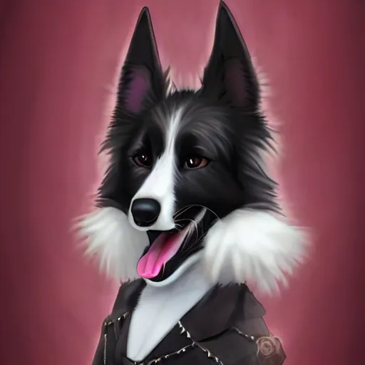 Image similar to furry ( fandom ) art of a cute anthropomorphic border collie wearing gothic attire, digital art, painting, trending on furaffinity