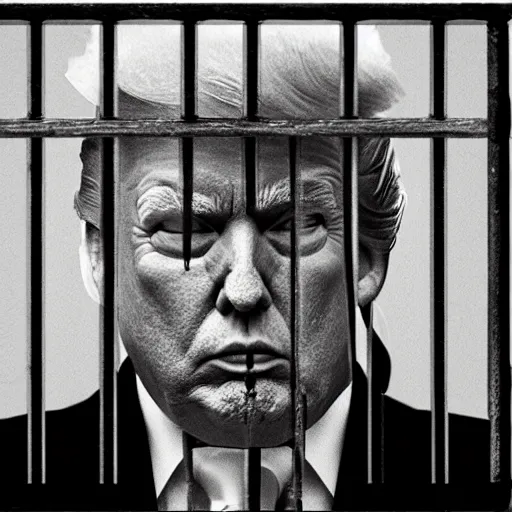 Image similar to donald trump in jail, behind bars crying tears and snot. candid photograph.