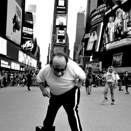 Image similar to photograph of danny devito skateboarding in times square