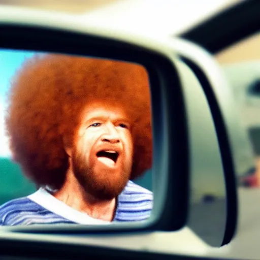 Image similar to a tiny screaming angry bob ross running your in rear view mirror