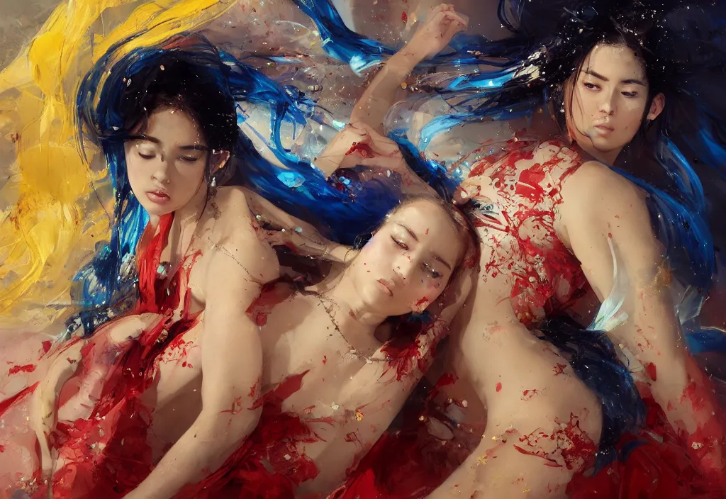 Image similar to full body portrait of a duo of 1 9 years old girl figures, oriental tattoos, jeweled ornament over forehead, subject wearing a used bedsheet, flowing, beautiful, dramatic, theatrical, cinematic lighting, ultramarine, lemon, fire red, few vivid highlights, visible brushstrokes, by greg rutkowski and jeremy mann, artstation, oil on canvas