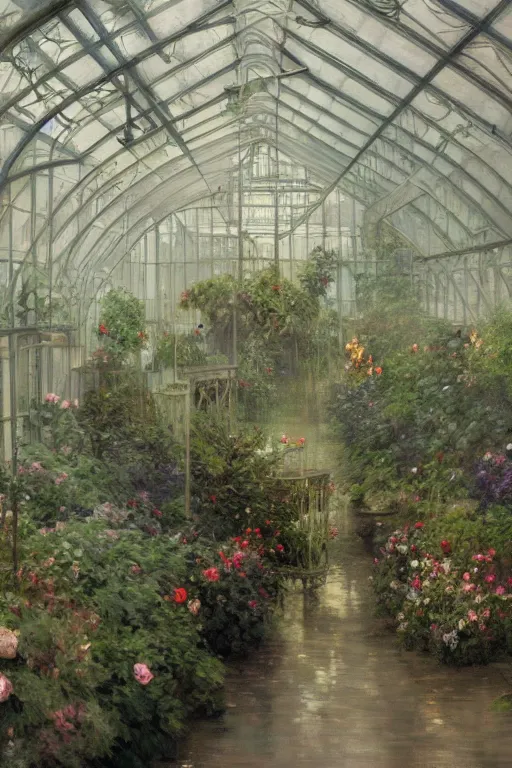 Image similar to a beautiful painting of a greenhouse, rainy, gloomy and depressed, dark, low saturation, rococo, by krenz cushart and mucha and monet, trending on artstation.