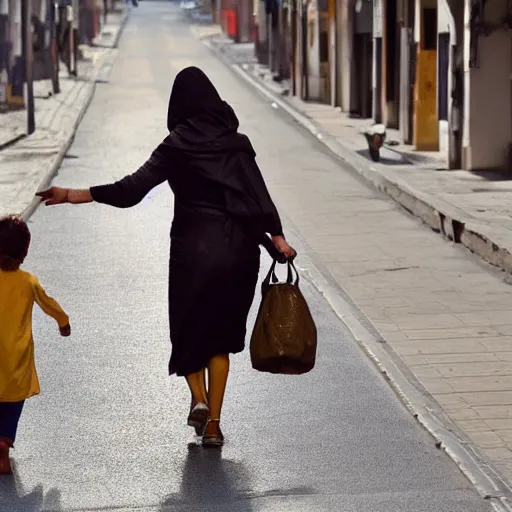 Image similar to a mother coming back from shop a huge bag of gold she is walking home in a street the street is empty and it's sunny