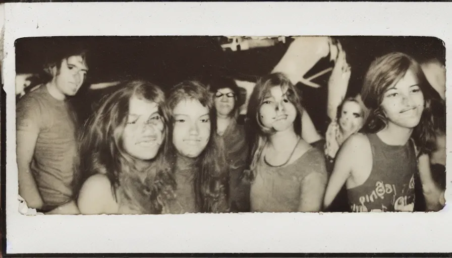 Prompt: fire damaged polaroid photograph of 70s teenagers at a carnival.