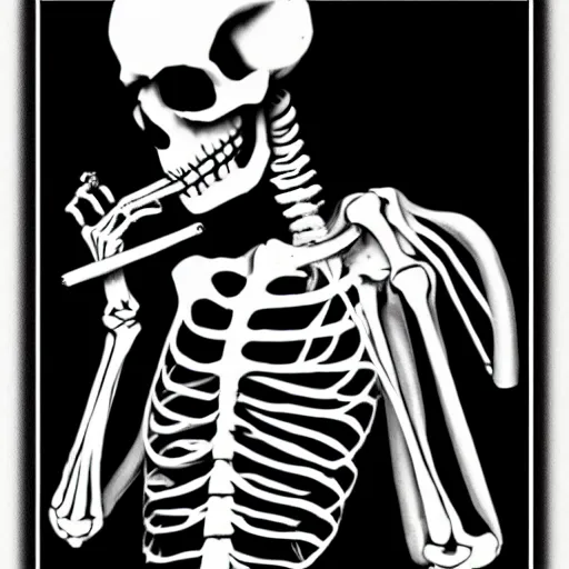 Prompt: skeleton smokin a cig, black background, noir style