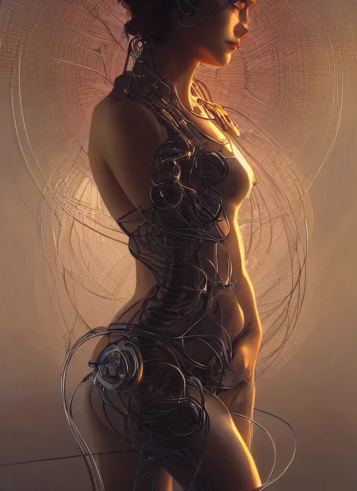 Prompt: beautiful young woman, cybernetic, wires, technology, vaporwave aesthetic, synthwave, intricate, elegant, highly detailed, digital painting, artstation, concept art, smooth, sharp focus, illustration, art by artgerm and greg rutkowski and alphonse mucha