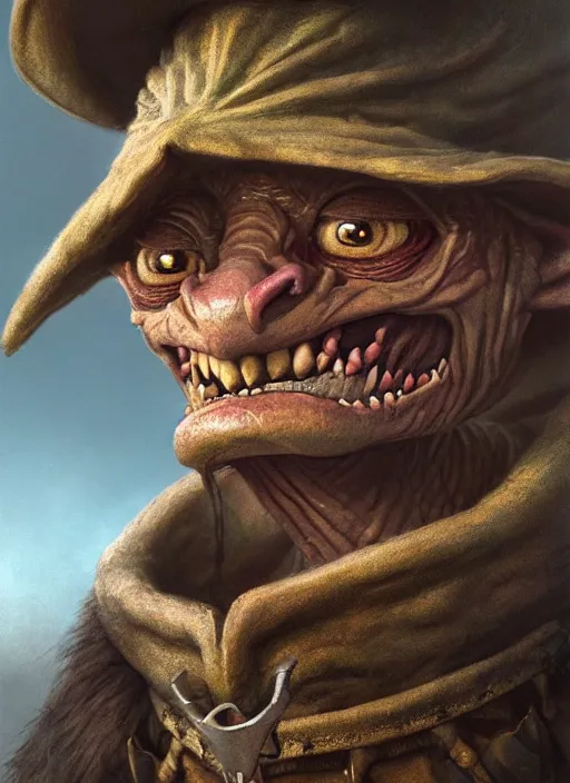 Image similar to highly detailed closeup portrait of a medieval goblin wearing a jesters hat, stephen bliss, unreal engine, greg rutkowski, ilya kuvshinov, ross draws, hyung tae and frank frazetta, tom bagshaw, tom whalen, nicoletta ceccoli, mark ryden, earl norem, global illumination, god rays, detailed and intricate environment