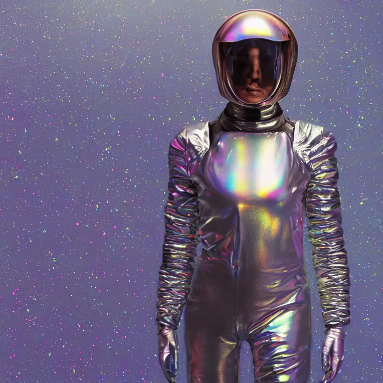 Image similar to octane render portrait by wayne barlow and carlo crivelli and glenn fabry, subject is a woman covered colorful skintight aluminum foil space suit with a iridescent metallic space helmet, inside a dark and moody cinema with projected light, cinema 4 d, ray traced lighting, very short depth of field, bokeh