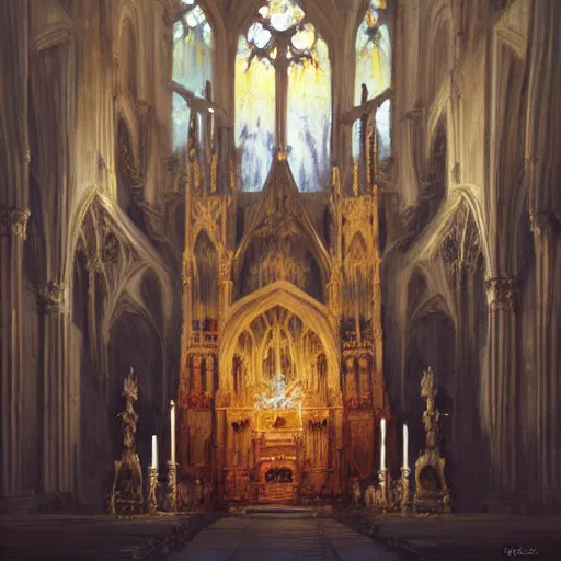 Prompt: Skeleton King resting on his throne inside a cathedral, oil painting, by Fernanda Suarez and Greg Rutkowski