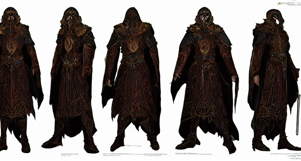 Prompt: A full color character sheet with front, back and side views of an evil Sorcerer n ornamental robes with glowing runes on fabric, holding a tall glowing ornate intricate magical staff, video game concept art by Wizards of the Coast, Magic The Gathering, Blizzard, Games Workshop, Greg Rutkowski, Craig Mullins, WETA, Elder Scrolls.