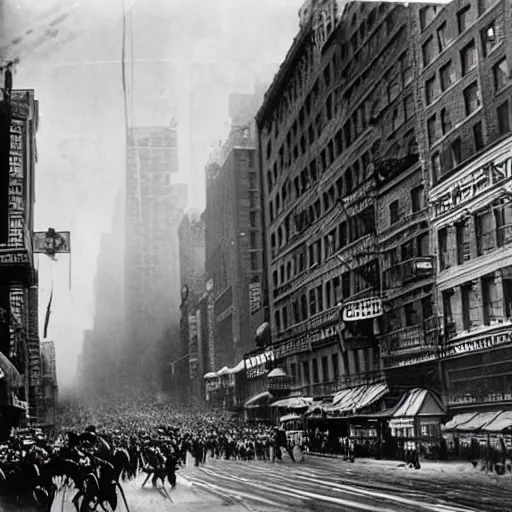 Prompt: old black and white photo, 1 9 1 3, depicting a kaiju rampaging through the bustling streets of new york city, historical record