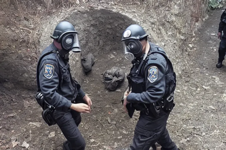 Prompt: police in gas masks in dark Russian tunnels hunting monster