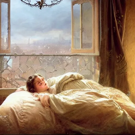 Prompt: on a rainy day, someone sits in bed, curled up under the covers, looking out the window, cinematic, artstation, extremely detailed, intricate, cinematic lighting, art by eugene de blaas