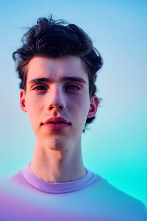 Prompt: high quality pastel coloured film mid angle selfie photograph of a beautiful young 2 0 year old male, soft features, short black hair, resting in an icelandic black rock environment. atmospheric. three point light. photographic. art directed. ( pastel colours ). volumetric light. clearcoat. waves glitch. 8 k. filmic.