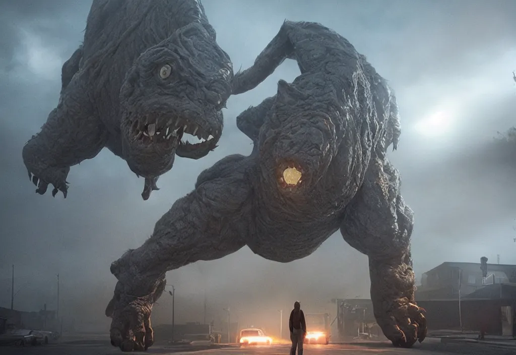 Prompt: vfx color film, huge monster creature by aaron sims, in residential street, low - key lighting award winning photography arri alexa cinematography, hyper real photorealistic cinematic beautiful, atmospheric