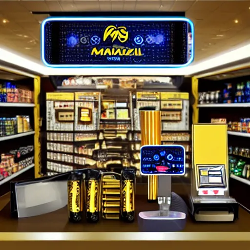 Image similar to maximalist gold convenience store robo - cashier
