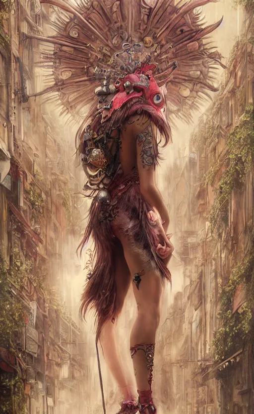 Image similar to hyper realistic Princess Mononoke, ornate mask magic, wet market street, cyberpunk metropolis, city landscape, jewels, full body pose, full moon, style of tom bagshaw, mucha, james gurney, norman rockwell, denoised, sharp