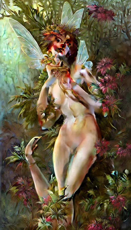 Image similar to hyper realistic weed fairy, marihuana, cannabis covering her body completely, painted by valerie hammond, tom bagshaw, mucha, gaston bussiere, craig mullins, j. c. leyendecker 8 k