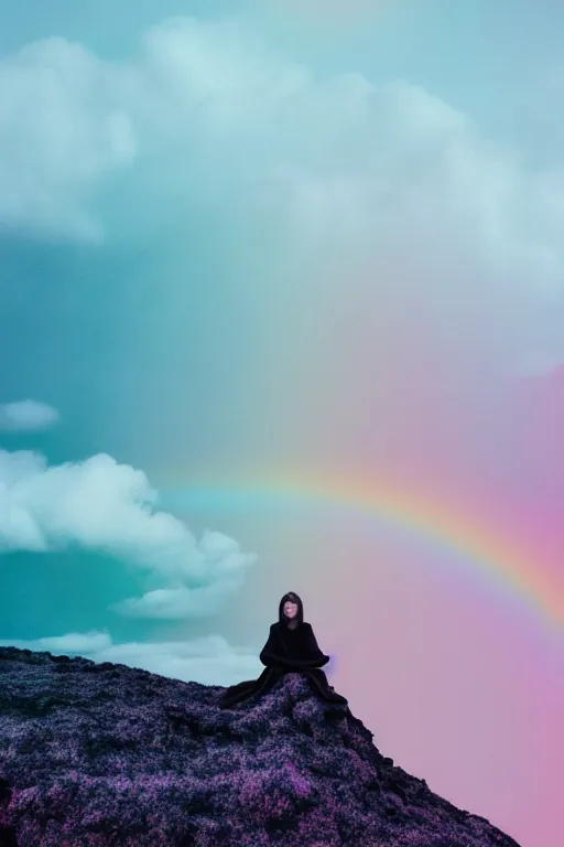 Image similar to high quality pastel coloured film photograph of a model wearing clothing resting on cloud furniture in a icelandic black rock environment in a partially haze filled dreamstate world. three point light, rainbow. photographic production. art directed. pastel colours. volumetric clouds. pastel gradient overlay. waves glitch artefacts. 8 k. filmic.