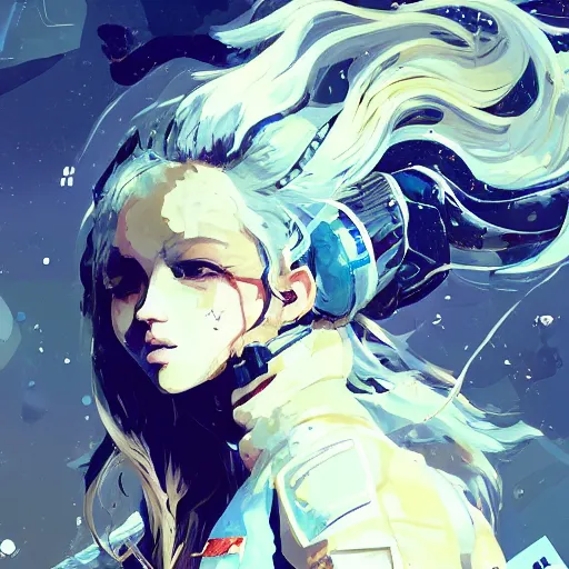 Prompt: highly detailed portrait of a young astronaut lady with a wavy blonde hair and curvy figure, by Dustin Nguyen, Akihiko Yoshida, Greg Tocchini, Greg Rutkowski, Cliff Chiang, 4k resolution, punk inspired, nier:automata inspired, gravity rush inspired, vibrant but dreary gold, blue, opal, black and white color scheme!!! ((Space nebula background))