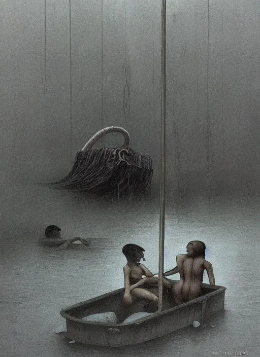 Image similar to tentacles reaching from underwater in transparent plastic bags, paper bags in hands and over the head, on flooded street Edward Hopper and James Gilleard, Zdzislaw Beksinski, highly detailed