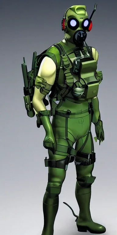 Image similar to time traveling intelligence agent in a sealed continuity suit, simple and functional with gaiter-style gas mask, resembling splinter cell + metal gear solid by Joe Madureira