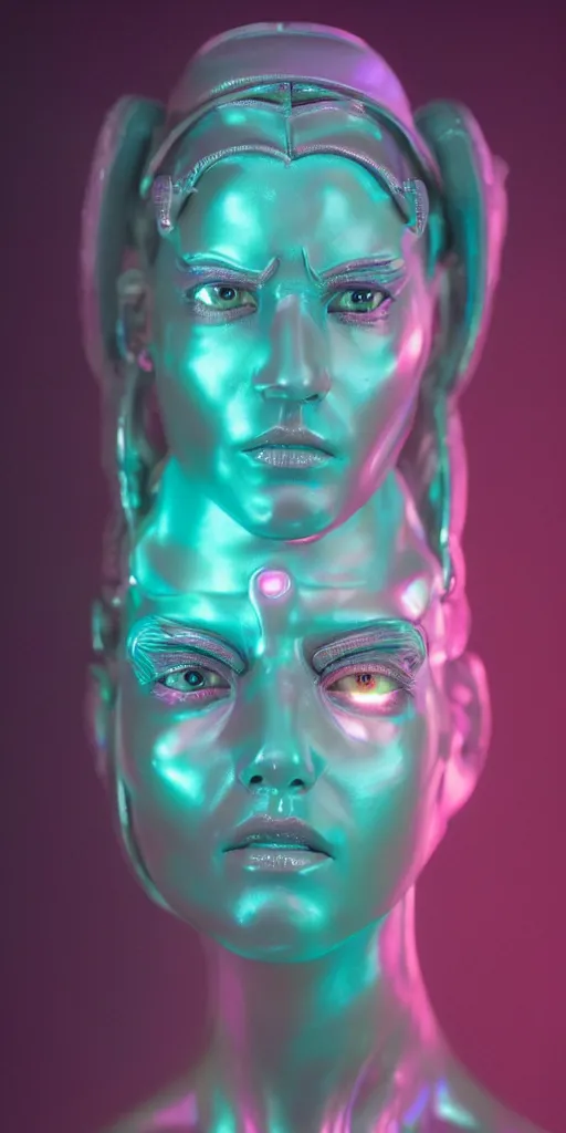Prompt: high quality photo of rococo cyborg woman with pearlescent blue skin key sage wayne barlowe very soft pink neon lighting on one side wide angle 35mm shallow depth of field 8k