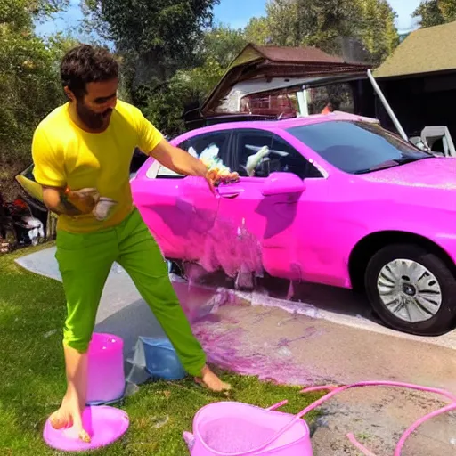 Image similar to pink furry washing cars while eating soap psychedelic style