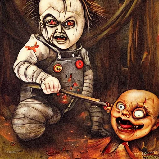 Prompt: fantasy painting of chucky by judson huss and henriette grindat and albrecht durer | horror themed | creepy