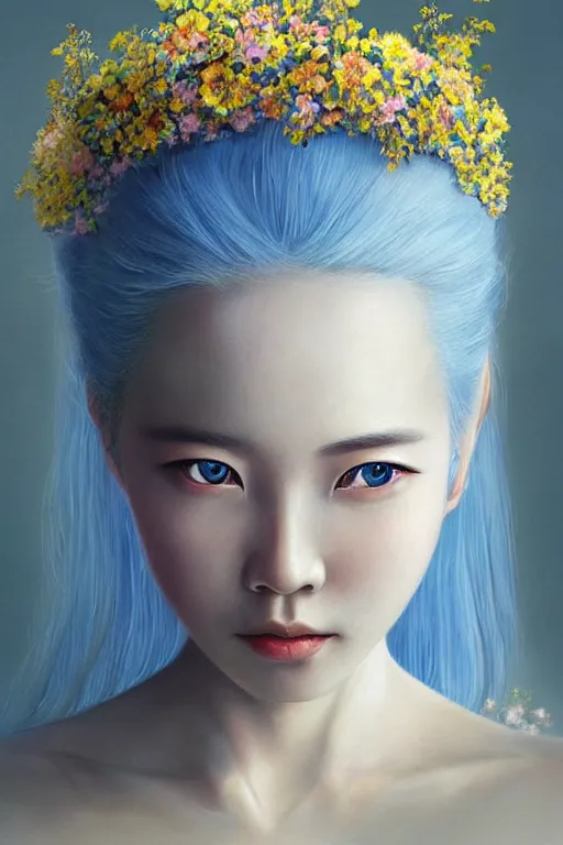 Prompt: a pale Chinese girl with white hair, floral crown, sad blue eyes, cinematic lighting, ultra detailed, highly detailed, sharp focus, golden background with flowers, golden jewellery with blue sapphires, photographic, art by artgerm and greg rutkowski and zdislav beksinski