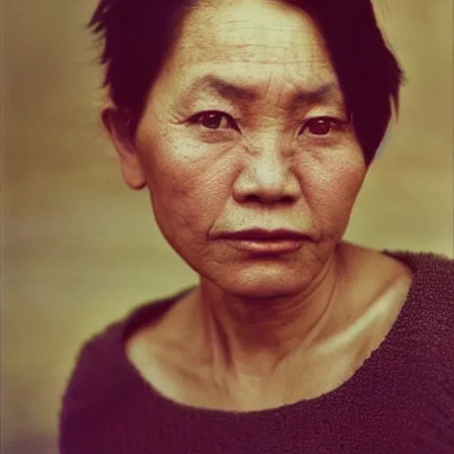 Image similar to filipino woman with short hair wearing an oversized sweater, portrait, colored photo, clear face, by annie liebovitz, david bailey, nan goldin