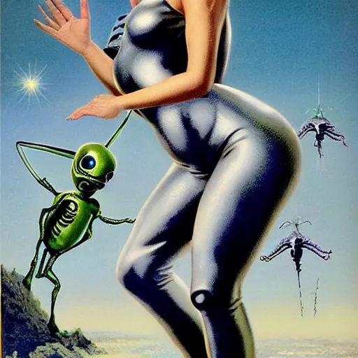 Image similar to beautiful alien extraterrestrial species female babe in a tight fitting silver metallic bikini spacesuit, , big silver head with eyestalk antennae, green skinned, big black almond shaped alien eyes by Mort Kunstler and Gil Elvgren