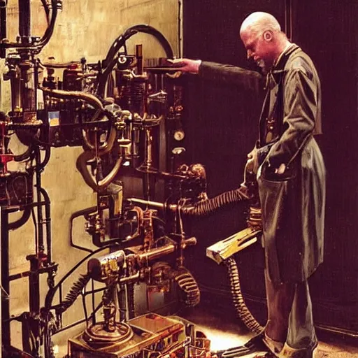 Image similar to A random pointless contraption ((steampunk)) industrial appliance pneumatic machine with no apparent purpose, being operated by a scholarly looking man with a clear directed gaze, artwork by Craig Mullins