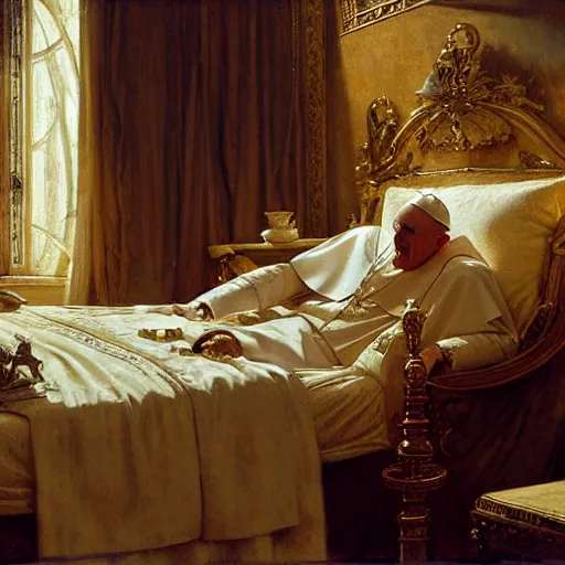 Prompt: the pope wakes up is his bed, sweating, nervous and terrified, a shadow demon lurks in the curtains of the papal bedroom. highly detailed painting by gaston bussiere, j. c. leyendecker, greg rutkowski, craig mullins 8 k